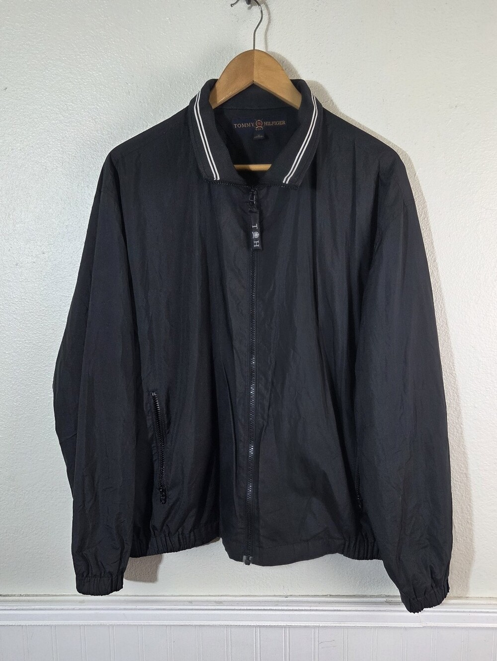 Tommy Hilfiger Golf Mens M Black Windbreaker Jacket Y2K Full Zip Mesh Lined